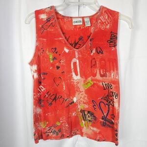 Chico's  Sz 0  Womens 4 Red Live Love Laugh Heart Sleeveless Cotton Tank Top
